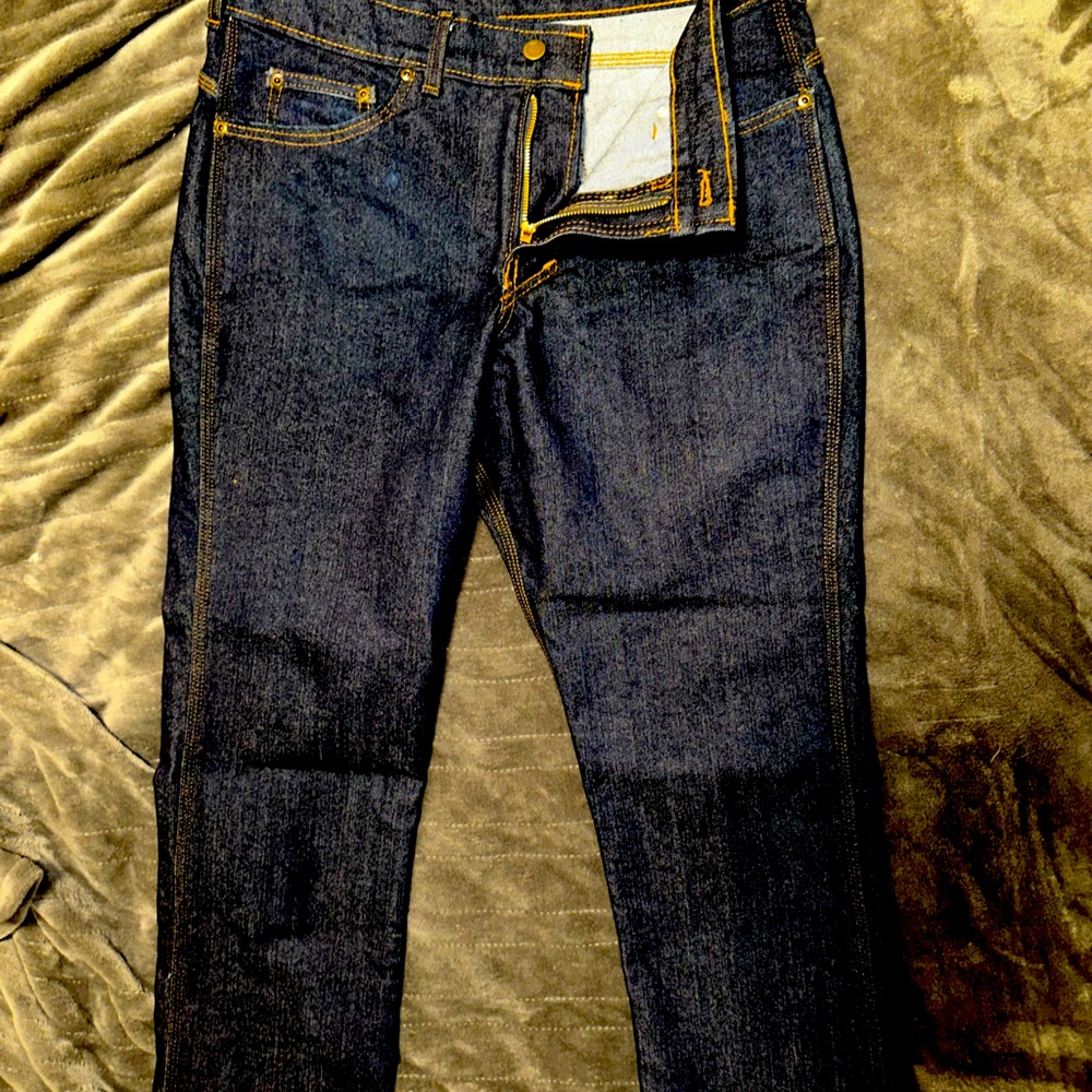 Origin Maine jeans indigo 34”x30” with stretch, never worn, distressed detail